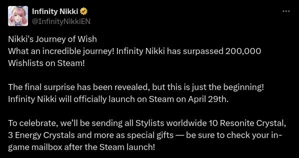 Infinity nikki выходит в steam 29 апреля и собрала более 200 000 «желаний»