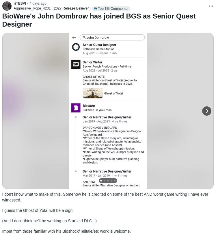 Ветеран bioware присоединился к bethesda для работы над the elder scrolls vi
