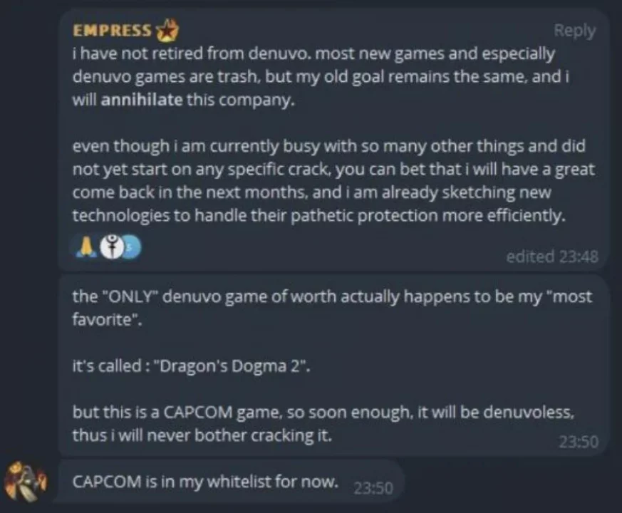 Хакерша Empress продолжит взламывать игры с Denuvo, несмотря на разработку собственной Mmo