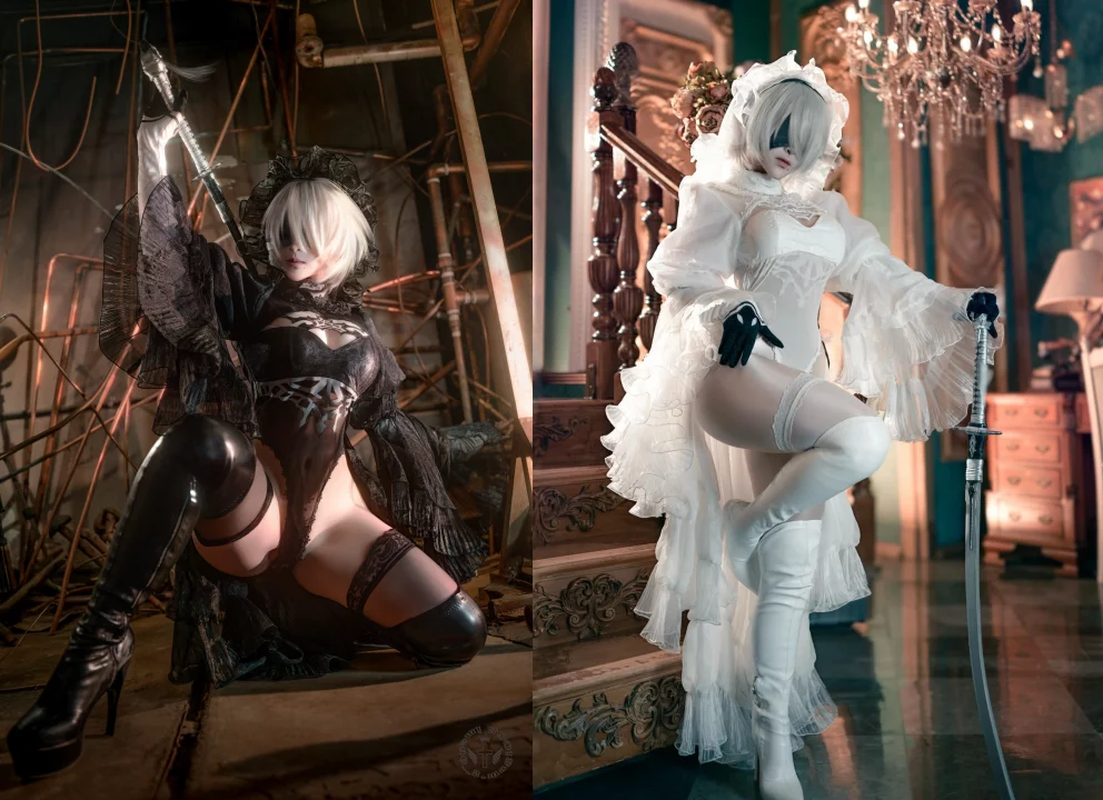 Косплей 2B в наряде белой и чёрной невесты из NieR: Automata от imo00